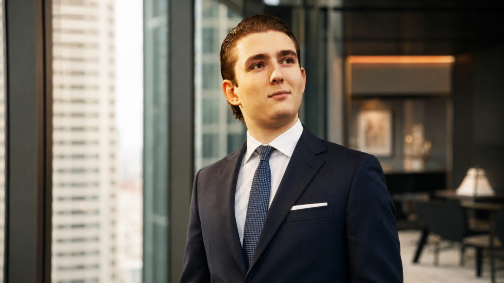 Young male professional wearing a dark navy suit and pocket square looking upwards near a high-rise office window