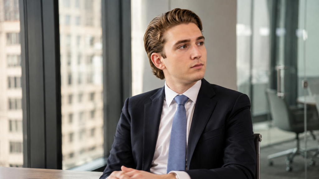 Young businessman in a dark suit and light blue tie seated at a conference table looking thoughtfully to the side