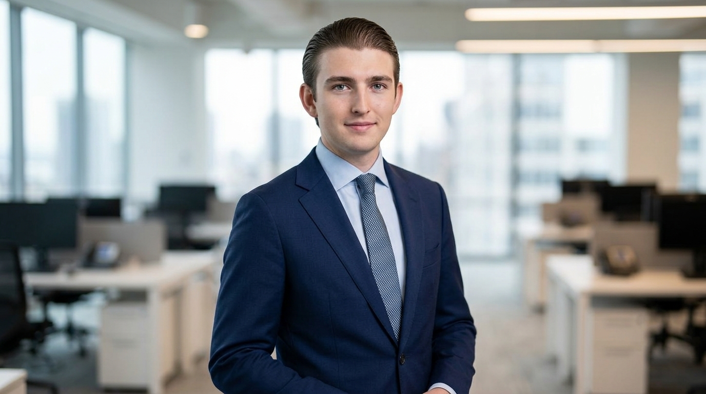 Young professional man in a navy suit and patterned tie smiling in a bright, modern open-plan office setting