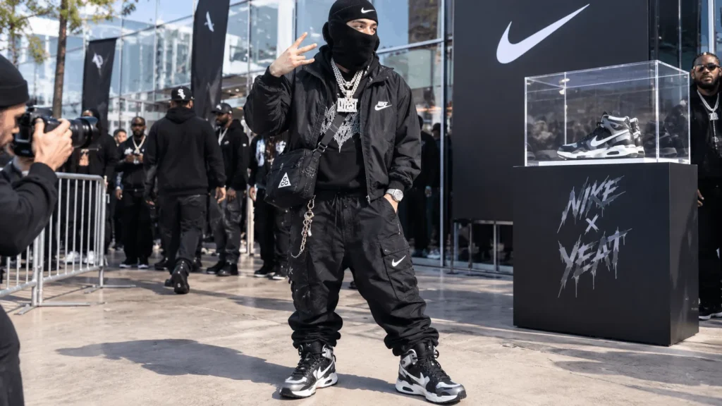 Yeat wearing his Nike collaboration gear, part of the brand income behind his net worth