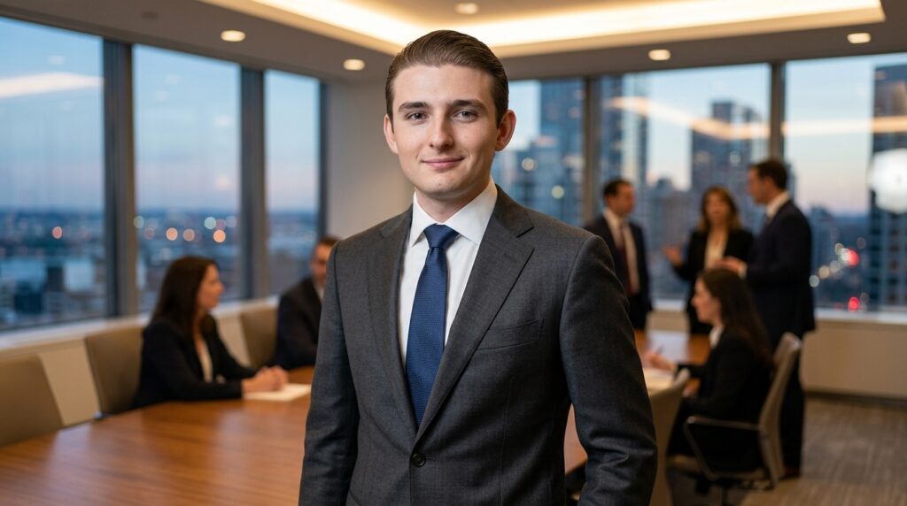 Young male professional wearing a dark navy suit and pocket square looking upwards near a high-rise office window