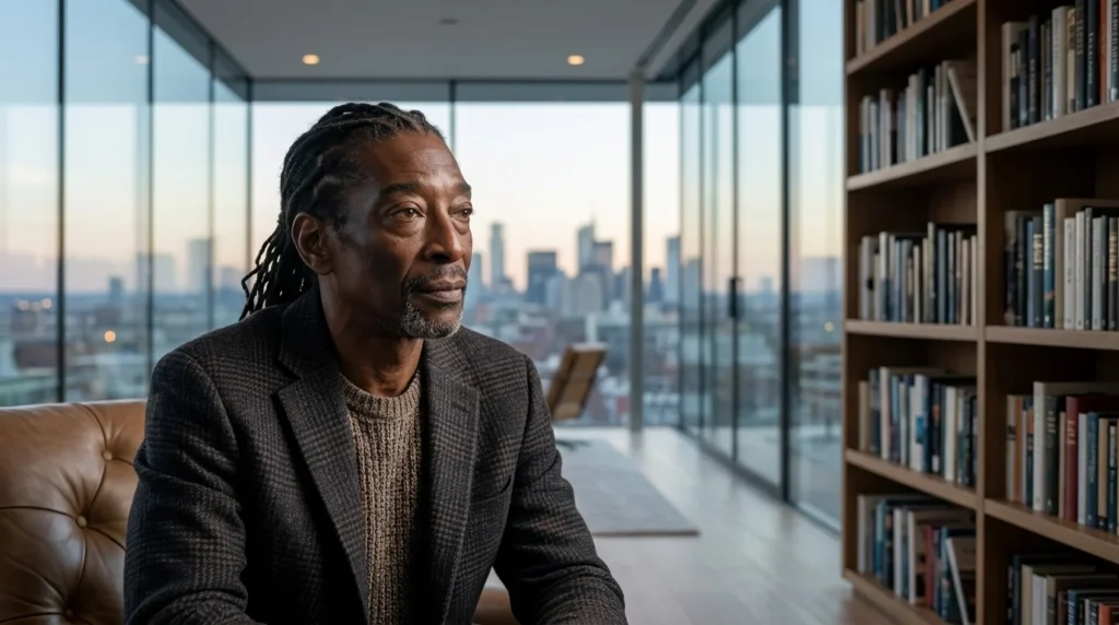 A thoughtful middle-aged Black man with dreadlocks wearing a tweed blazer sitting in a modern office near a bookshelf with a city skyline in the background.