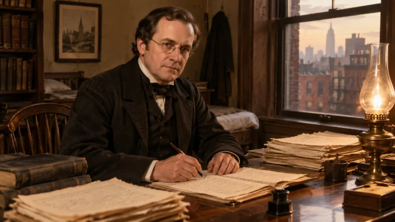 Horatio Alger Jr. writing at his desk in New York during his career as a novelist