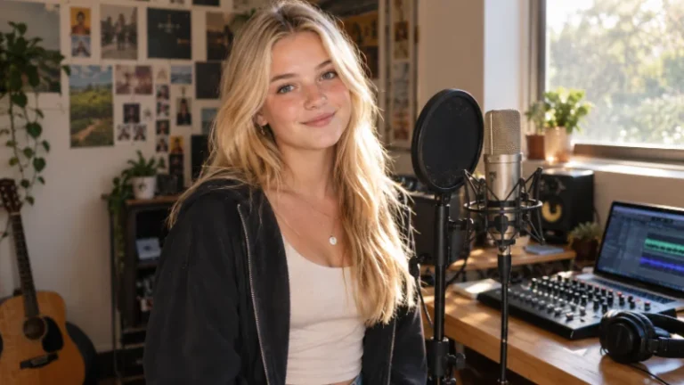 Rosie McClelland in her home recording studio