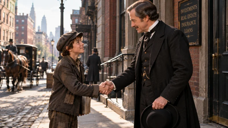 A classic Horatio Alger scene of a poor boy earning a wealthy benefactor's trust